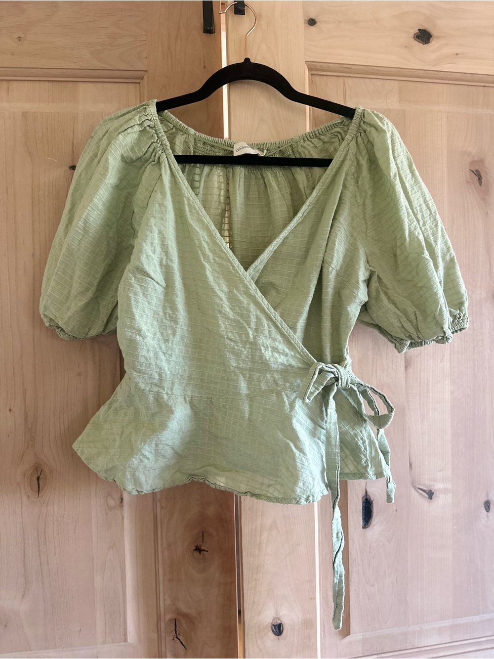 Universal Thread Light Green Wrap Peplum Blouse with Puff Sleeves